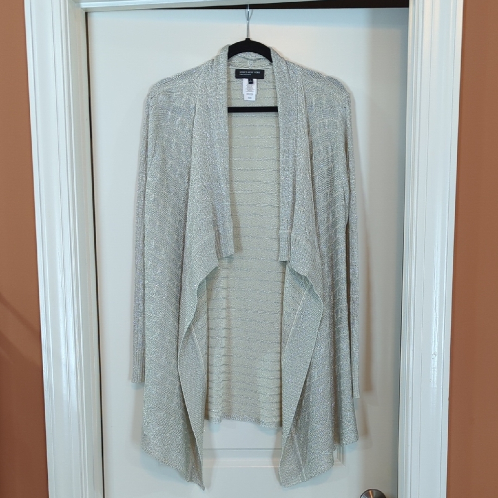 Jones New York Light Gray Silver Shimmer Open Front Cardigan Size L